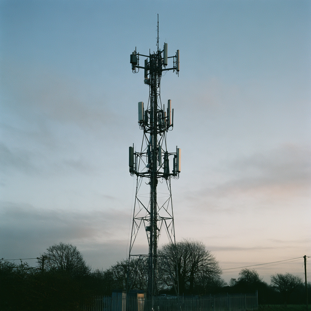 Telecommunications tower against an evening sky
